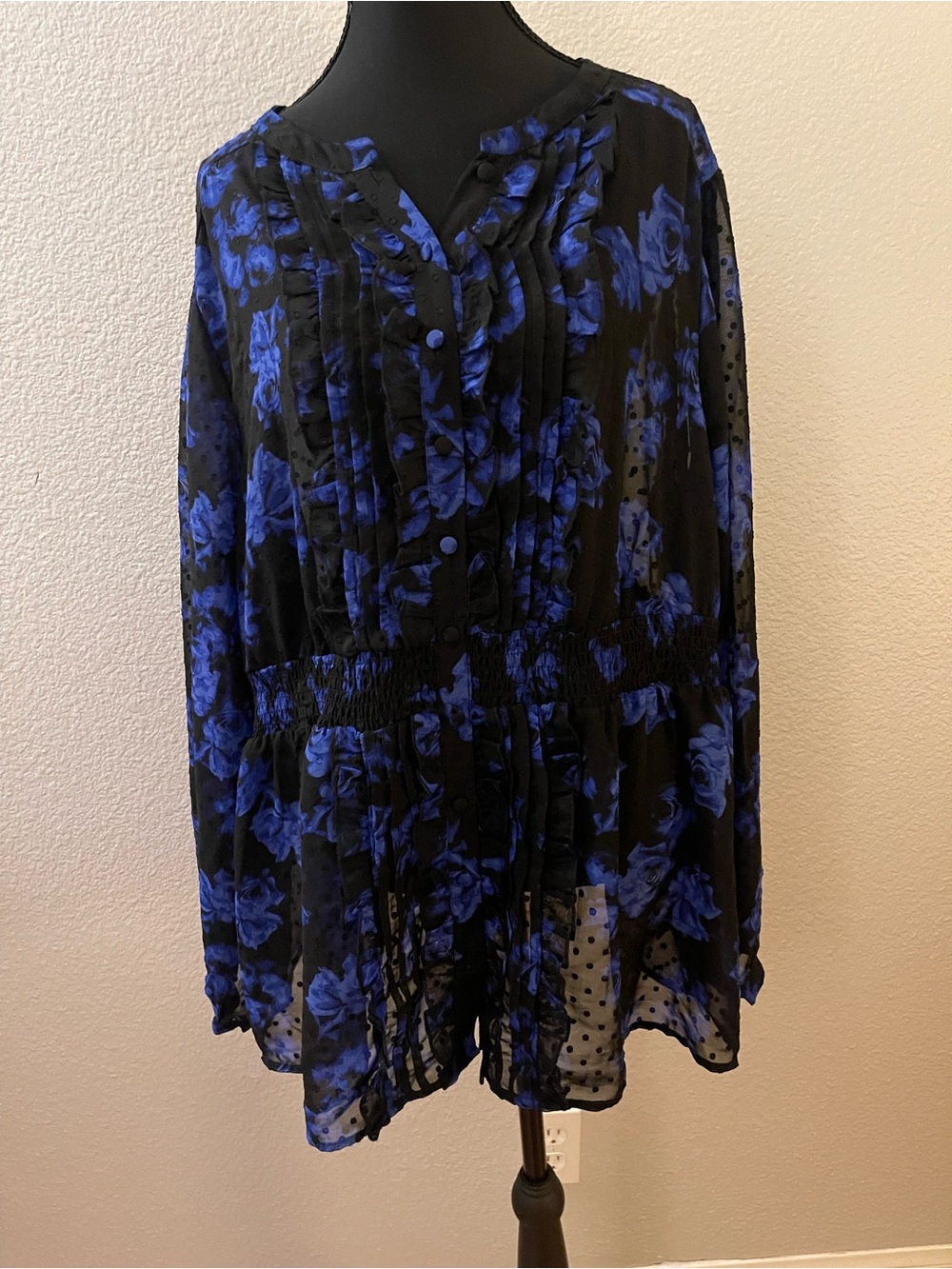 torrid Black and Cobalt Blue Floral Sheer Blouse